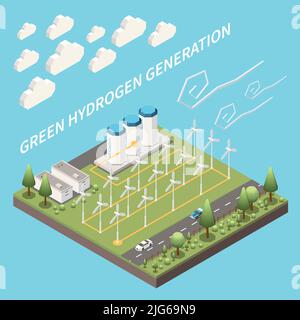 Renewable energy sources wind solar hydro isometric composition with hydrogen sustainable green electricity fuel generation vector illustration Stock Vector