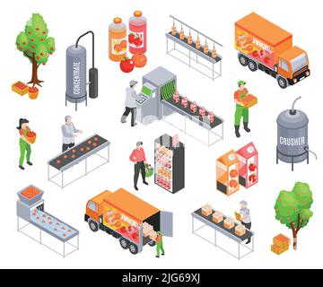 Isometric juice production set of isolated icons with industrial appliances trees delivery trucks people and packaging vector illustration Stock Vector