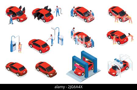 Car wash isometric icon set cleaning in the car interior with vacuum cleaner washing cleaning cleaning girls in bikinis and men in uniforms vector ill Stock Vector