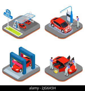 Isometric car wash icon set soap foam washing rinsing polishing and window washing vector illustration Stock Vector