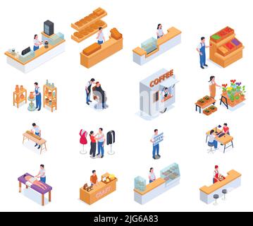 Small business owner family business isometric icon set employees at cafeteria and store counters vector illustration Stock Vector