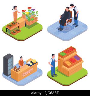 Isometric small business owner family business icon set four square compositions with vegetable and fruit seller flower vendor coffee shop employee an Stock Vector