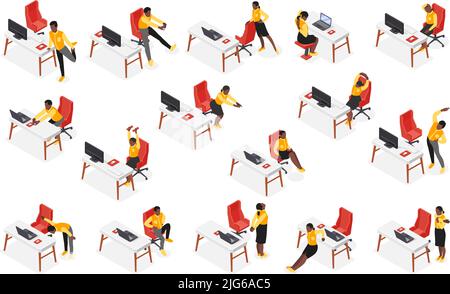 Office stretches isometric set of people doing body workout at workplace during work pause isolated vector illustration Stock Vector
