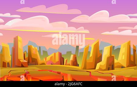 Cracks in earth crust. Rocky landscape. Sharp stone cliffs. Horizontal Seamless illustration. View of an uninhabited planet. Desert during the day Stock Vector