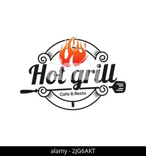 Logo Hot Grill - Desain Logo Modern untuk Cafe & Resto dengan Tema Barbeque Stock Vector