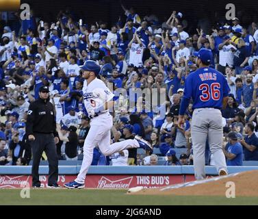 Los Angeles, United States. 08th July, 2022. Los Angeles Dodgers Gavin Lux rounds the bases after hitting a two-run homer off Chicago Cubs starting pitcher Mark Leiter Jr. during the second inning at Dodger Stadium in Los Angeles on Thursday, July 7, 2022. The Dodgers beat the Cubs 5-3. Photo by Jim Ruymen/UPI Credit: UPI/Alamy Live News Stock Photo