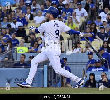 Los Angeles, United States. 08th July, 2022. Los Angeles Dodgers Gavin Lux hits a two-run homer off Chicago Cubs starting pitcher Mark Leiter Jr. during the second inning at Dodger Stadium in Los Angeles on Thursday, July 7, 2022. The Dodgers beat the Cubs 5-3. Photo by Jim Ruymen/UPI Credit: UPI/Alamy Live News Stock Photo