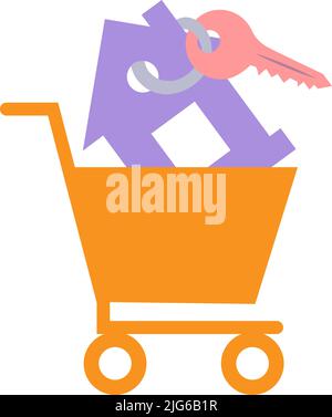 Linear icon in the grocery cart there is a key with a keychain in the form of a house. vector Stock Vector