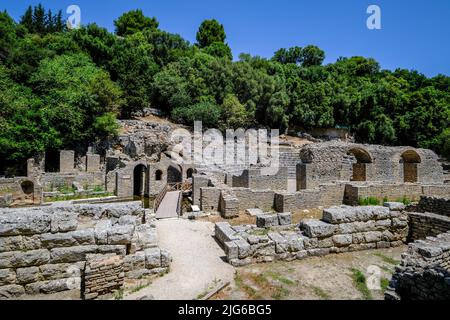 Butrint, Ksamil, Albania - The amphitheater in ancient Butrint, Temple of Asclepius and theater, World Heritage ruined city of Butrint. Stock Photo