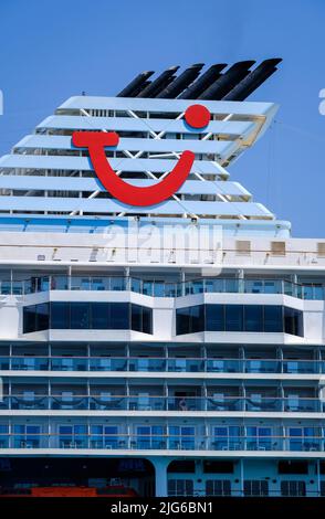 Corfu Town, Corfu, Greece - TUI cruise ship Marella Explorer is moored in the port of Corfu. The 262 meter long ship has a mass of 9,900 tons. Stock Photo