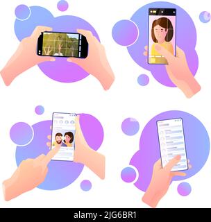 Vlog equipment phone shooting set of flat isolated compositions with hands holding smartphones with social networks vector illustration Stock Vector