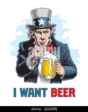 Uncle Sam holding beer mug and pointing. Funny retro comic style vector illustration. Idea for poster, label, postcard or t-shirt design. Stock Vector