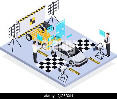 Crash test car safety isometric composition with view of test track with workers and holographic data vector illustration Stock Vector