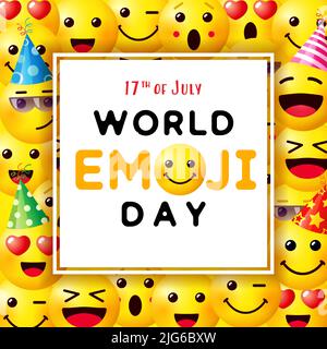 World Emoji Day, 17th of July greeting card. Design template with cute emojis face and different facial expression. Vector background pattern Stock Vector