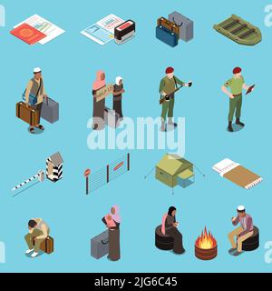 Refugees and immigrants isometric set of people people trying to find shelter from war isolated vector illustration Stock Vector