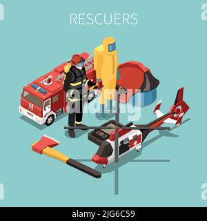 Rescuers isometric background with people in professional protective uniform ready help to victims of disaster vector illustration Stock Vector