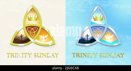 Trinity Sunday Greeting card. Religious trinity, crown, cross, holy spirit, dove. Stock Vector
