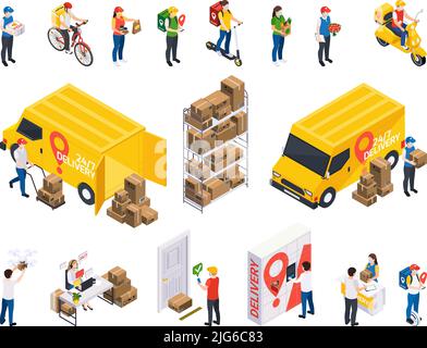 Delivery service isometric set of isolated icons characters of couriers workers clients and vans with parcels vector illustration Stock Vector