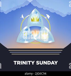 Trinity Sunday Greeting card. Religious trinity, crown, cross, holy spirit, dove. Stock Vector