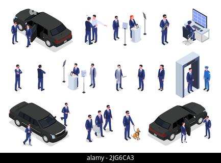 Security service metal detector safety control bodyguards officers politicians celebrities protection armored vehicles isometric set vector illustrati Stock Vector