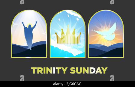 Trinity Sunday Greeting card. Religious trinity, crown, cross, holy spirit, dove. Stock Vector