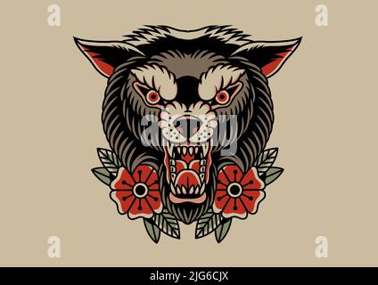 Old school tattoo design graphic wolf Stock Photo