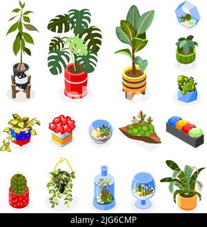 Plants isometric icons set with houseplants and hanging decoration isometric isolated vector illustration Stock Vector