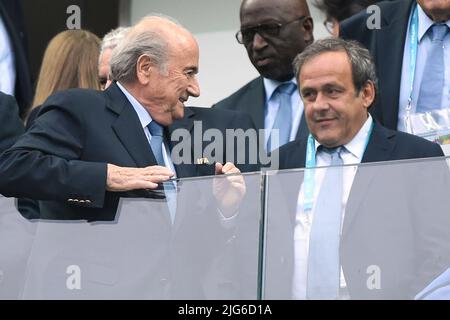 Sao Paulo. 9th July, 2014. ARCHIVE PHOTO; Acquittal for Sepp Blatter and Michael Platini in the trial for dubious payment of millions. From left:FIFA President Joseph Sepp BLATTER (SUI) with Uefa President Michel PLATINI (FRA) on the honorary stand. Netherlands (NED)-Argentina (ARG) 2-4 nE semi-finals, semi-finals, 4th round, game 62, on July 9th, 2014 in Sao Paulo. Soccer World Cup 2014 in Brazil from 12.06. - 07/13/2014. Â Credit: dpa/Alamy Live News Stock Photo