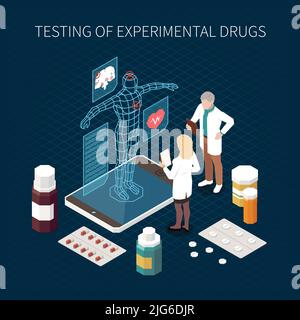 Process of experimental drugs testing using digital twin technology isometric composition with virtual model scientists medicine 3d vector illustratio Stock Vector