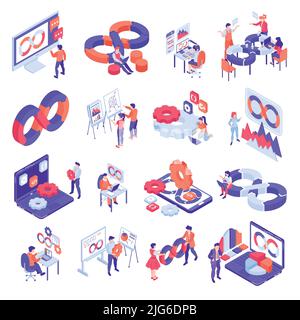 Isometric set with infinity symbol devops engineers working on computers programming coding isolated on white background 3d vector illustration Stock Vector
