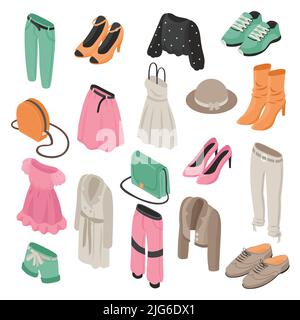 Fashion clothes set with trendy female dresses outwear shoes pants bags skirt shorts isolated on white background 3d isometric vector illustration Stock Vector