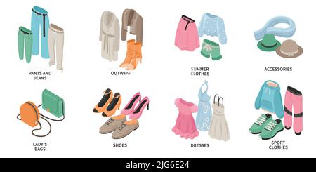Isometric compositions set with fashion female outwear summer and sport clothes accessories shoes dresses isolated 3d vector illustration Stock Vector