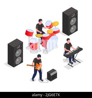 Musical band giving concert playing musical instruments 3d isometric vector illustration Stock Vector