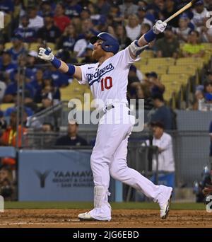 Los Angeles, United States. 08th July, 2022. Los Angeles Dodgers Justin Turner hits a solo home run to center off Chicago Cubs starting pitcher Mark Leiter Jr. during the fourth inning at Dodger Stadium in Los Angeles on Thursday, July 7, 2022. The Dodgers beat the Cubs 5-3. Photo by Jim Ruymen/UPI Credit: UPI/Alamy Live News Stock Photo