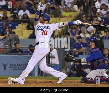 Los Angeles, United States. 08th July, 2022. Los Angeles Dodgers Justin Turner hits a solo home run to center off Chicago Cubs starting pitcher Mark Leiter Jr. during the fourth inning at Dodger Stadium in Los Angeles on Thursday, July 7, 2022. The Dodgers beat the Cubs 5-3. Photo by Jim Ruymen/UPI Credit: UPI/Alamy Live News Stock Photo