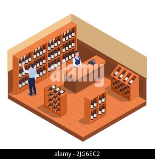 Wine market interior with wooden shelves seller and customer choosing bottle isometric composition 3d vector illustration Stock Vector