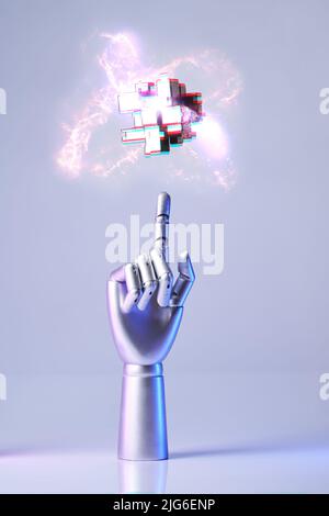 Mechanical robot arm or hand interacts with futuristic digital technologies. Concept of virtual, augmented reality, robots and artificial intelligence Stock Photo