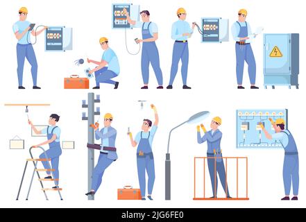 Electrician people flat set of technicians working with electric switchboard and street lighting devices isolated vector illustration Stock Vector