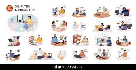 Computer people set of flat isolated compositions with human characters working with laptops and desktop computers vector illustration Stock Vector