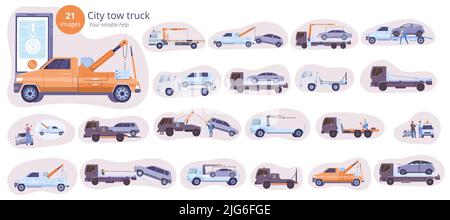 Car evacuation service design concept with 21 variants of city tow trucks flat vector illustration Stock Vector