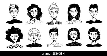 Woman portraits collection with various hair, clothes, style. Female character portraits in cartoon black and white outline style. Vector illustration Stock Vector