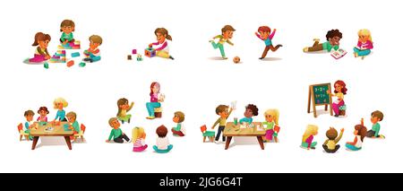 Kindergarten cartoon color set of adult and children spending time together in games and classes isolated vector illustration Stock Vector