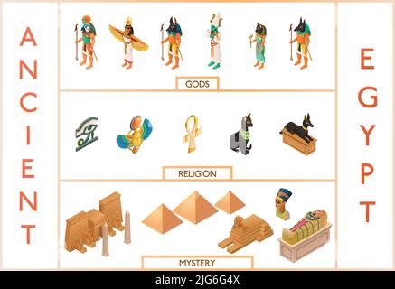 Pharaoh tomb icons set isometric vector. Ancient pillar. Interior pile ...