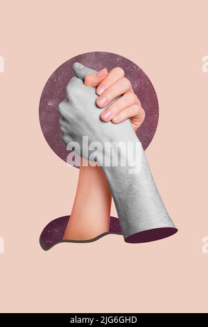 Creative vertical collage illustration of two people arms holding girl guy black white colors isolated on drawing background Stock Photo