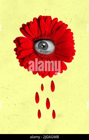 Photo cartoon comics sketch picture of eye inside red flower red petal tears falling isolated painting yellow background Stock Photo