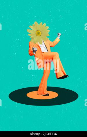 Vertical collage portrait of excited delighted person flower instead head raise fists triumph luck isolated on creative background Stock Photo