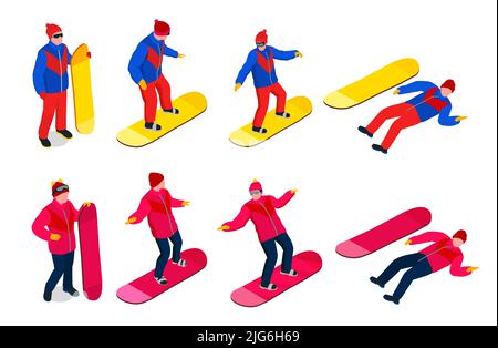 Snowboarding people set with isometric characters wearing colorful clothes in different poses with snowboard isolated 3d vector illustration Stock Vector