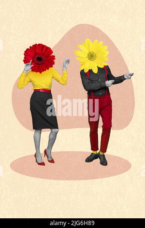 Composite collage image of two people flowers instead head enjoy dancing isolated on painted background Stock Photo