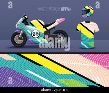 Bright color livery mockup for racing motorbike helmet and t shirt realistic isolated vector illustration Stock Vector