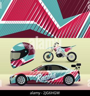 Realistic racing car motorcycle helmet livery mockup with bright geometric pattern isolated vector illustration Stock Vector